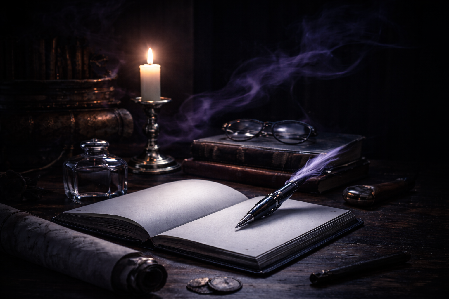 Antique writing desk with an open notebook and a quill, representing Lewin Over Ink Publishing